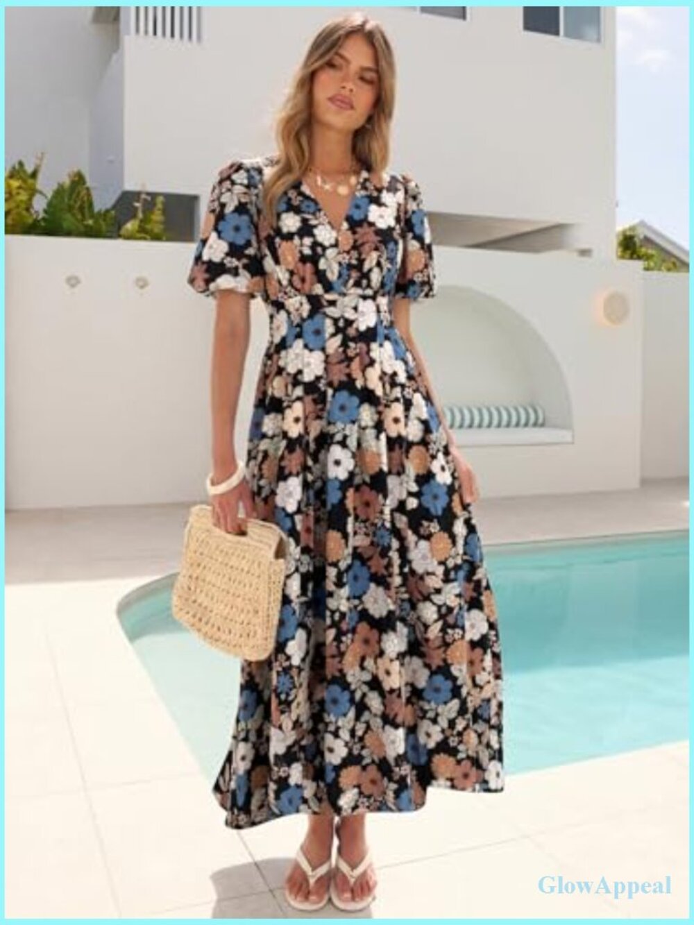 Floral A-Line Puff Sleeve Maxi Dress for Weddings & Parties - Picture 2 of 7